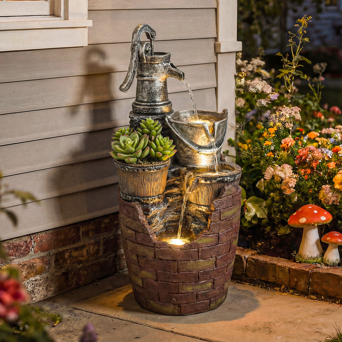 Springbrunnen 4-stufig rustikal Gartenbrunnen mit LED Beleuchtung Pflanzkübel Pumpe, Verstellbar 34 x 31 x 76 cm