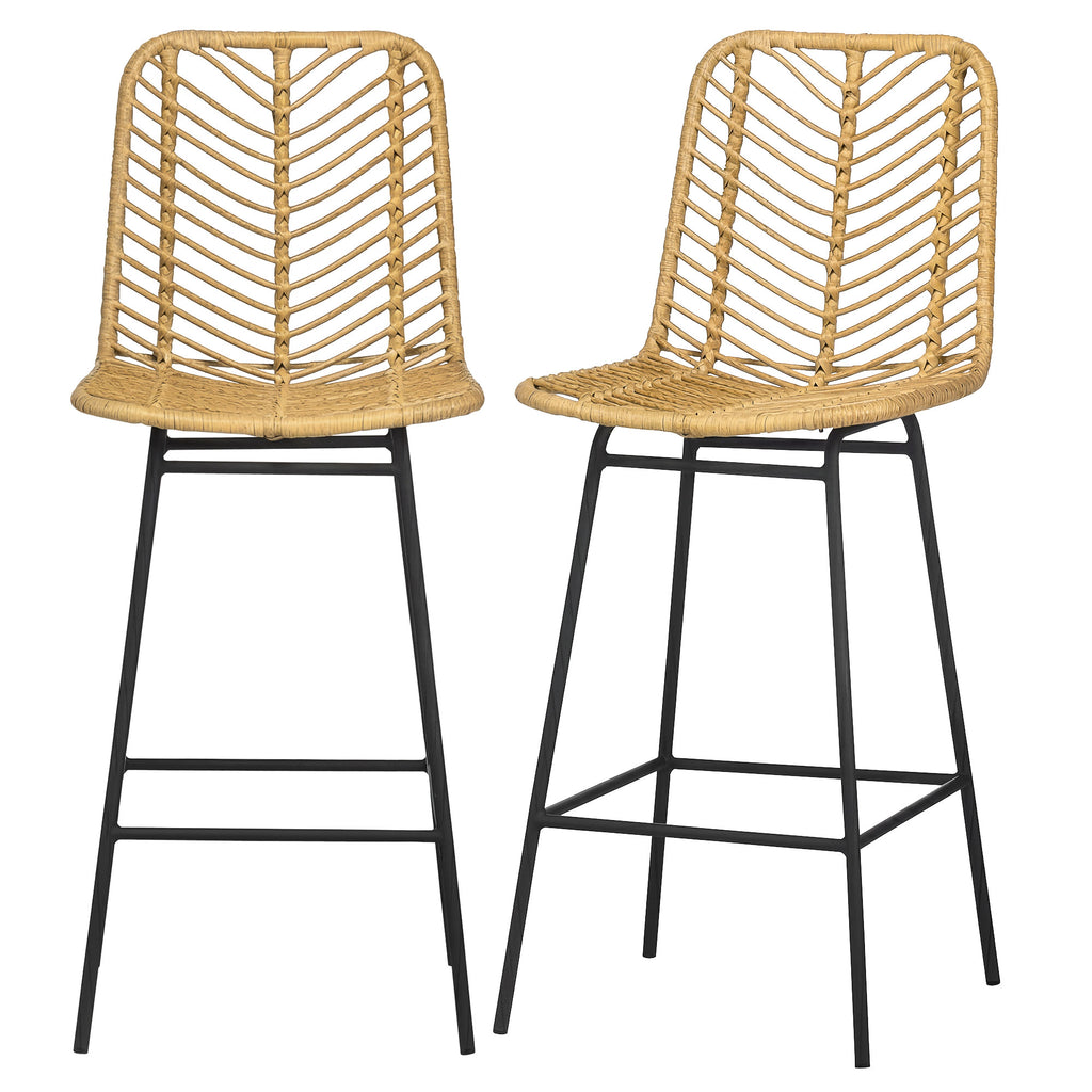 2er Set Barhocker im Boho-Design, PE-Rattan, inkl. Fußtstütze, 42,5 cm x 52 cm x 102 cm, Gelb + Schwarz