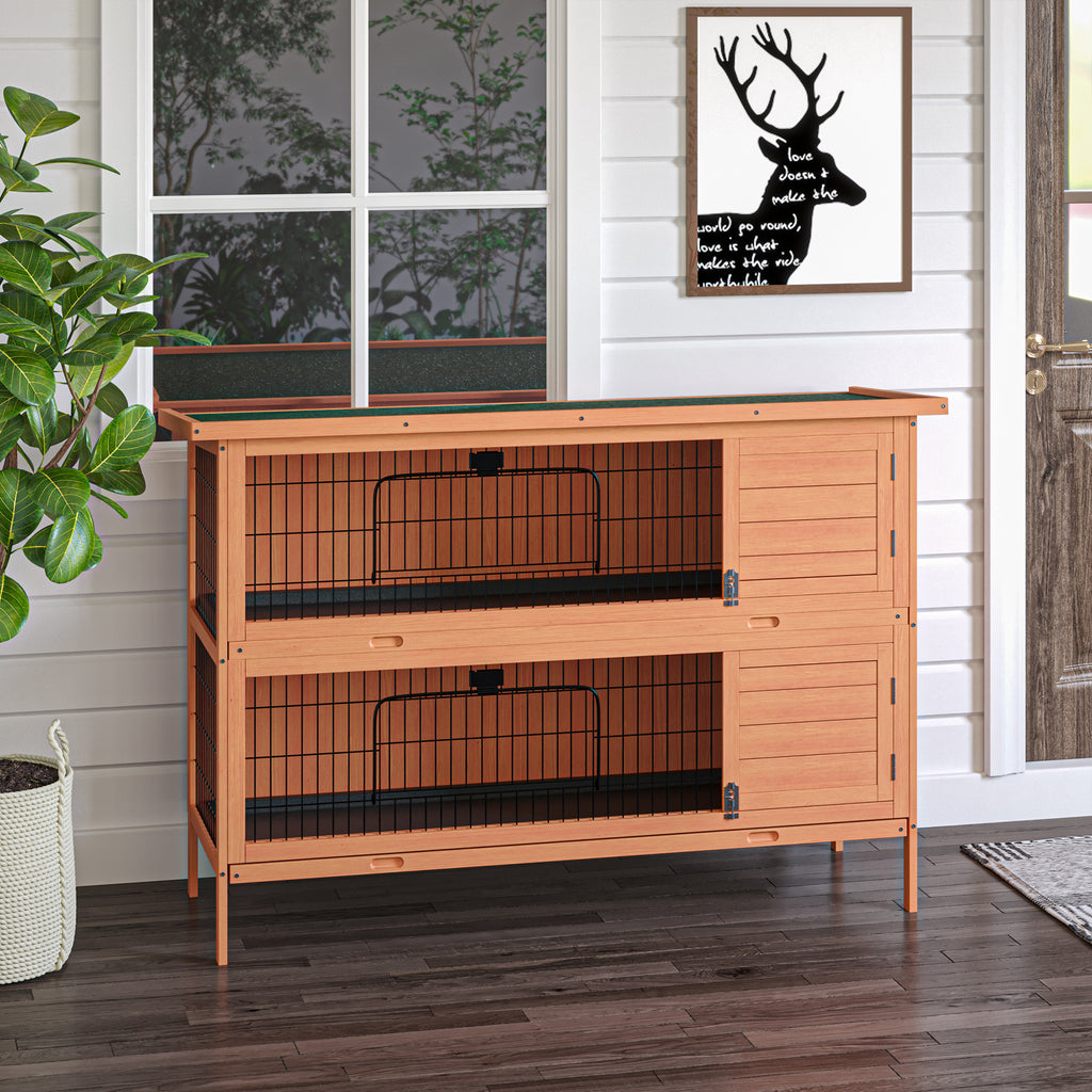 Rabbit Hutch Outdoor Guinea Pig Hutch Bunny Cage with No-Leak Trays, Divider, 136 x 50 x 93cm, Orange