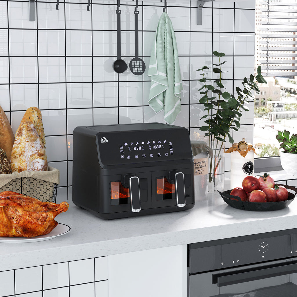 Hei?luftfritteuse, 2 Frittierk?rbe ¨¢ 4 Liter, 8 Programme, Licht, Timer, 38,5 x 38 x 30,5 cm, Schwarz