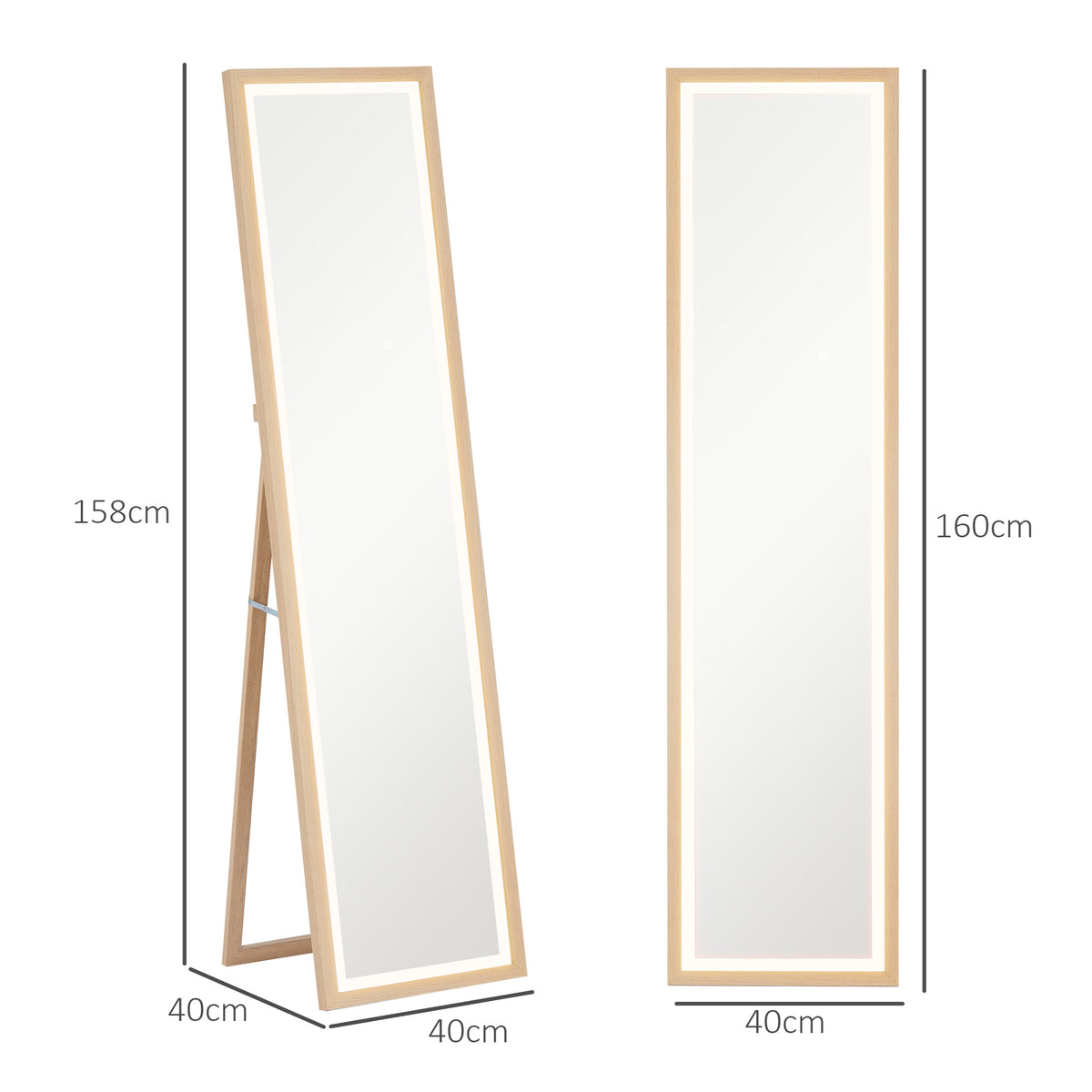 LED Ganzkörperspiegel, 40 x 160 cm, Touch-Steuerung, dimmbar, 3 Farben,  Eiche