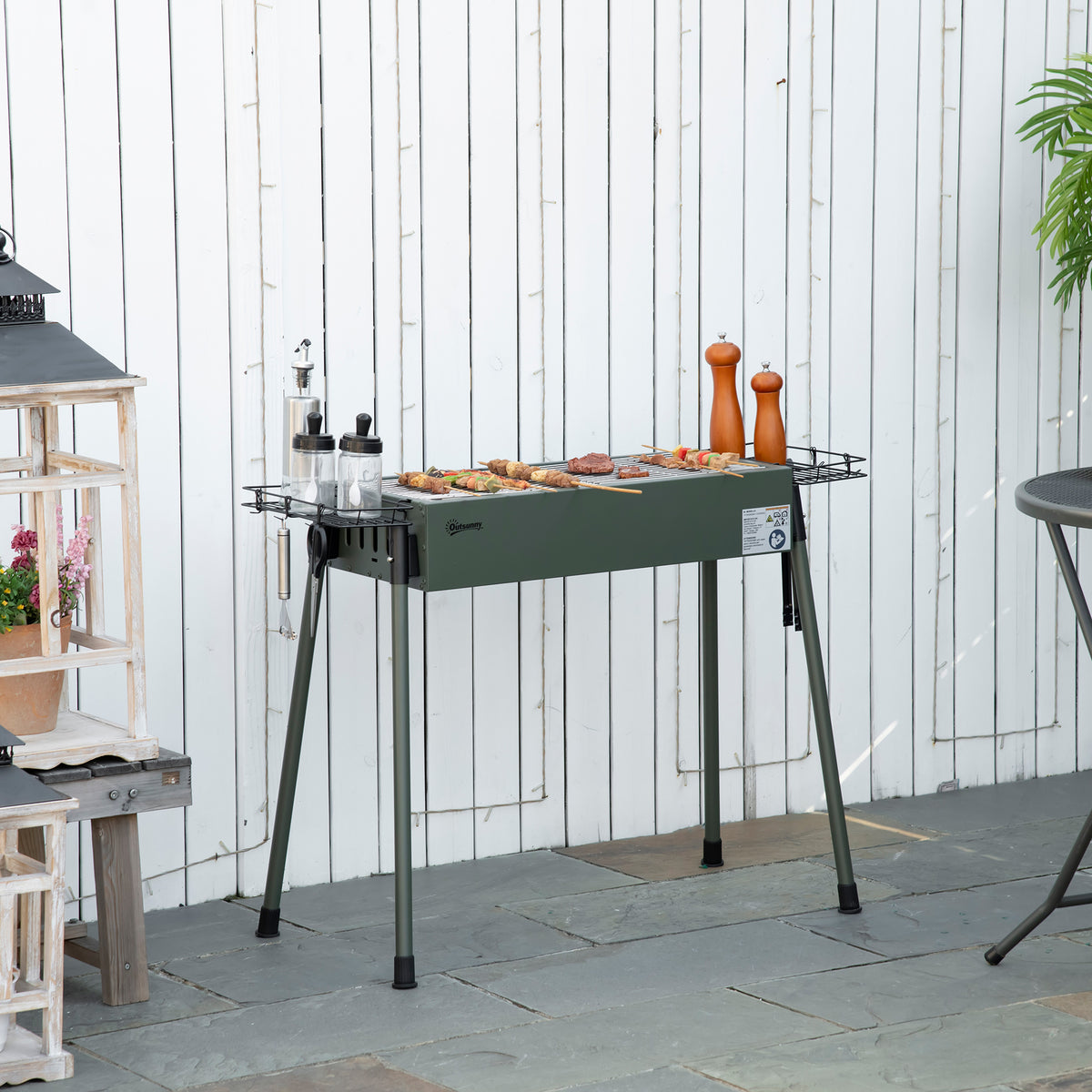 Holzkohlegrill, 2x Grillrost, 1x Kohlegitter, 2x Seitenkorb, rostfreier Stahl, dunkelgrün, 94 x 39 x 70 cm