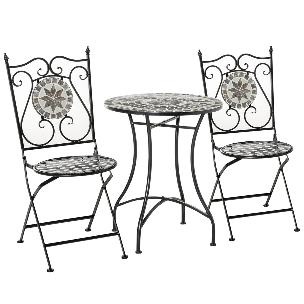 Garten Sitzgruppe für 2 Personen Balkonmöbel Set Mosaiktisch+faltbare Stühle Metall Keramikfliese Mehrfarbig