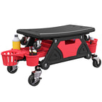 Rolling Mechanic Stool, 135kg Capacity Workshop Stool with 360° Swivel Wheels, Roller Creeper Seat with Slide Out Tool Trays, Drawer, Bottle Holders for Garage, Shop, Auto Repair, Red