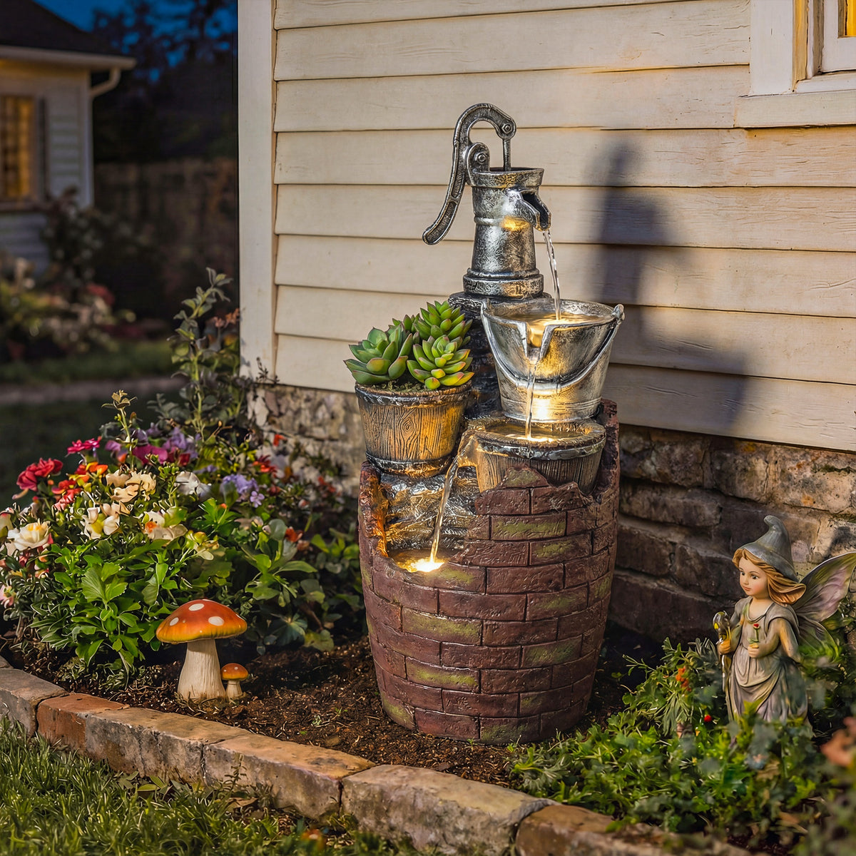 Springbrunnen 4-stufig rustikal Gartenbrunnen mit LED Beleuchtung Pflanzkübel Pumpe, Verstellbar 34 x 31 x 76 cm