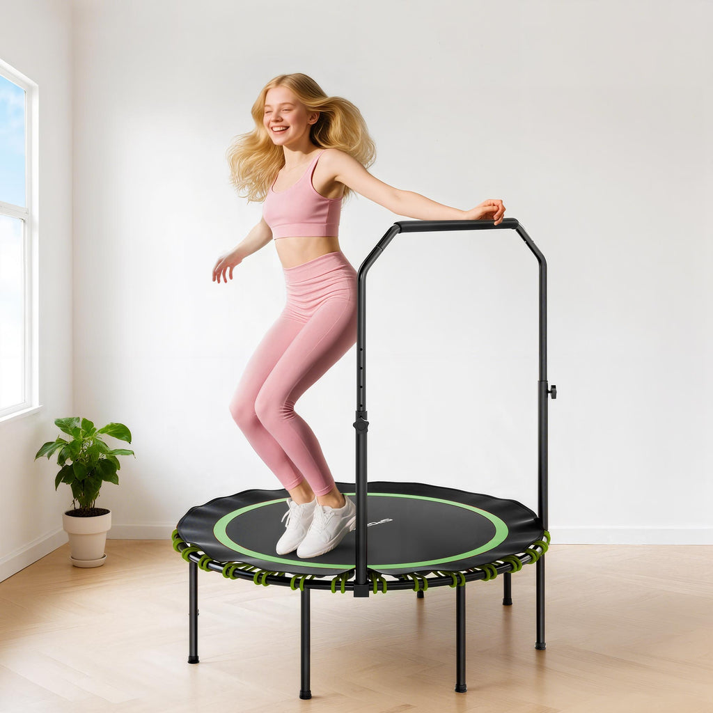 Fitness-Trampolin mit verstellbarem Handlauf, Sport-Trampolin f¨¹r drinnen und drau?en, Stahl, Kunststoff, Gr¨¹n
