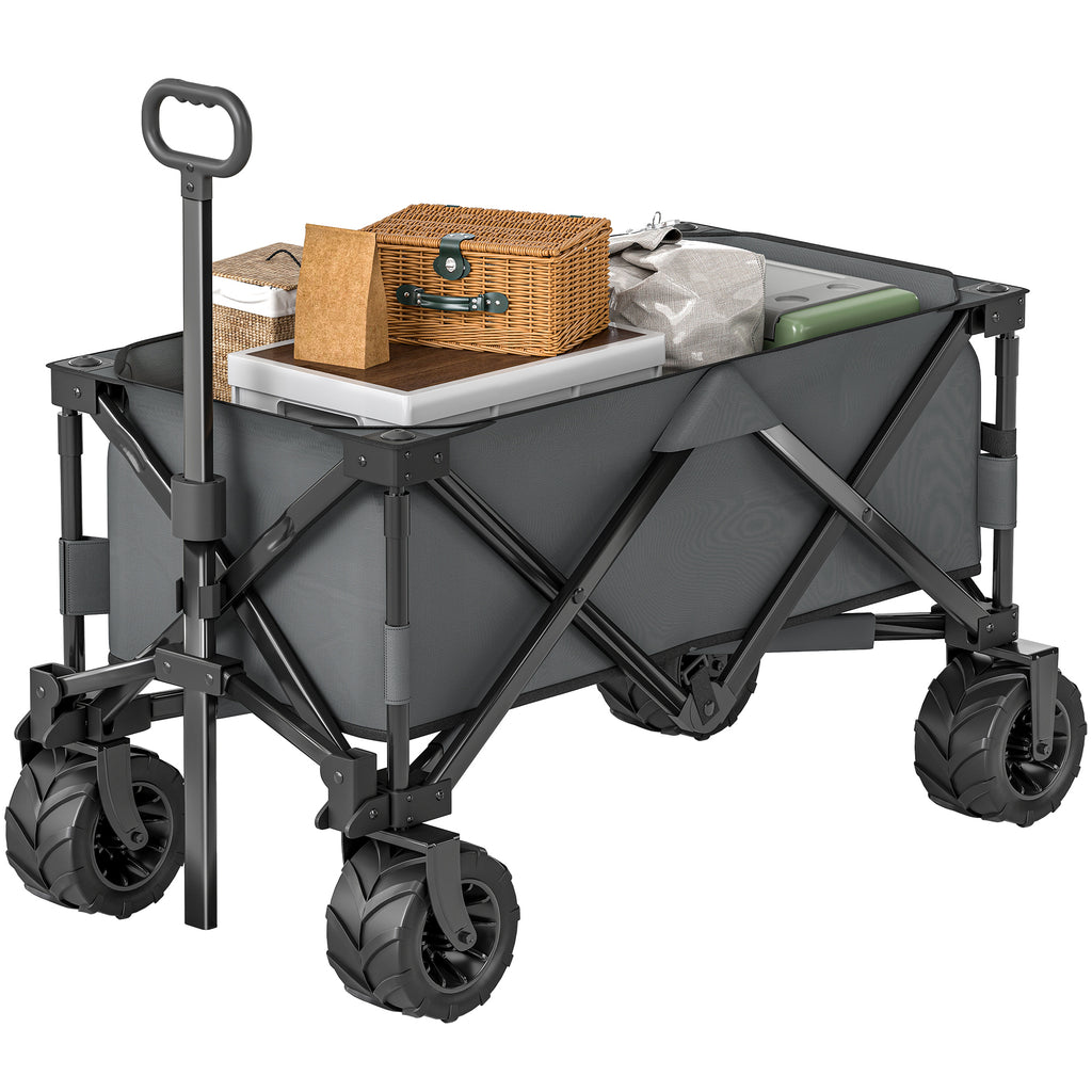 Outdoor Pull Along Cart Folding Cargo Wagon Trailer Trolley for Beach Garden with Handle, Anti-Slip Wheel - Dark Grey