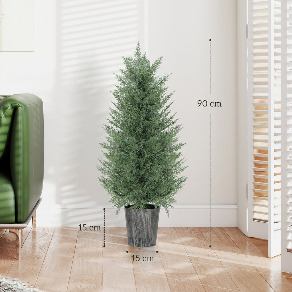2er Set Künstliche Zypressenbäume groß 90cm Kunstpflanze, Plastik Künstliche Pflanzen im Topf 15 x 15 x 90 cm Grün