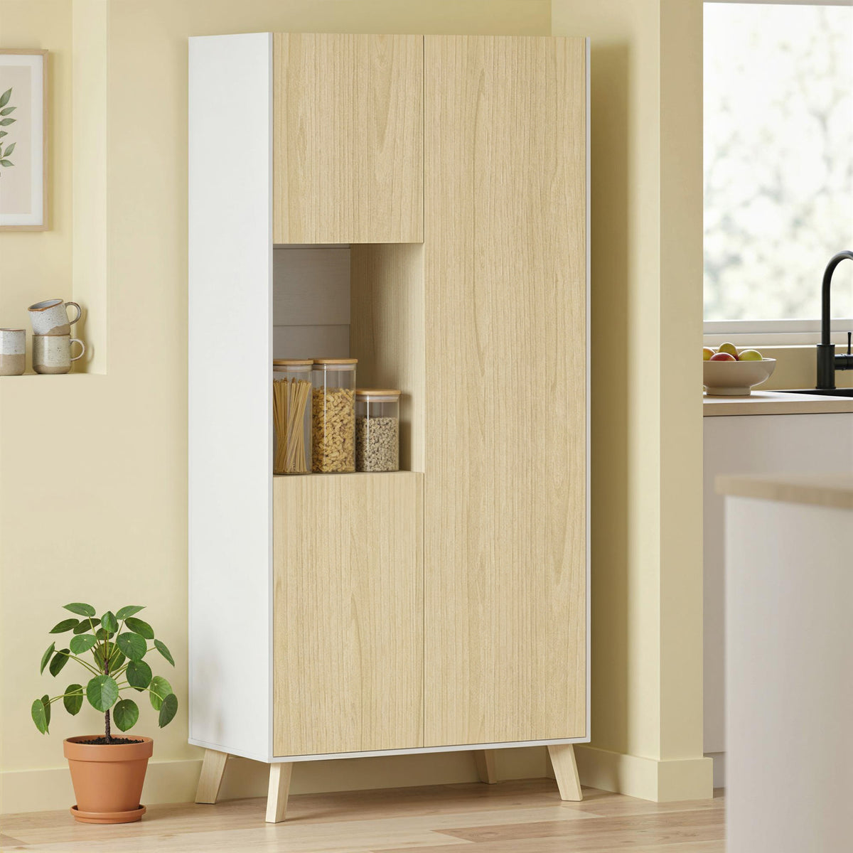 170 cm Küchenschrank, Moderner Schrank mit offenem Fach, verstellbaren Regalen, Naturholz-Optik