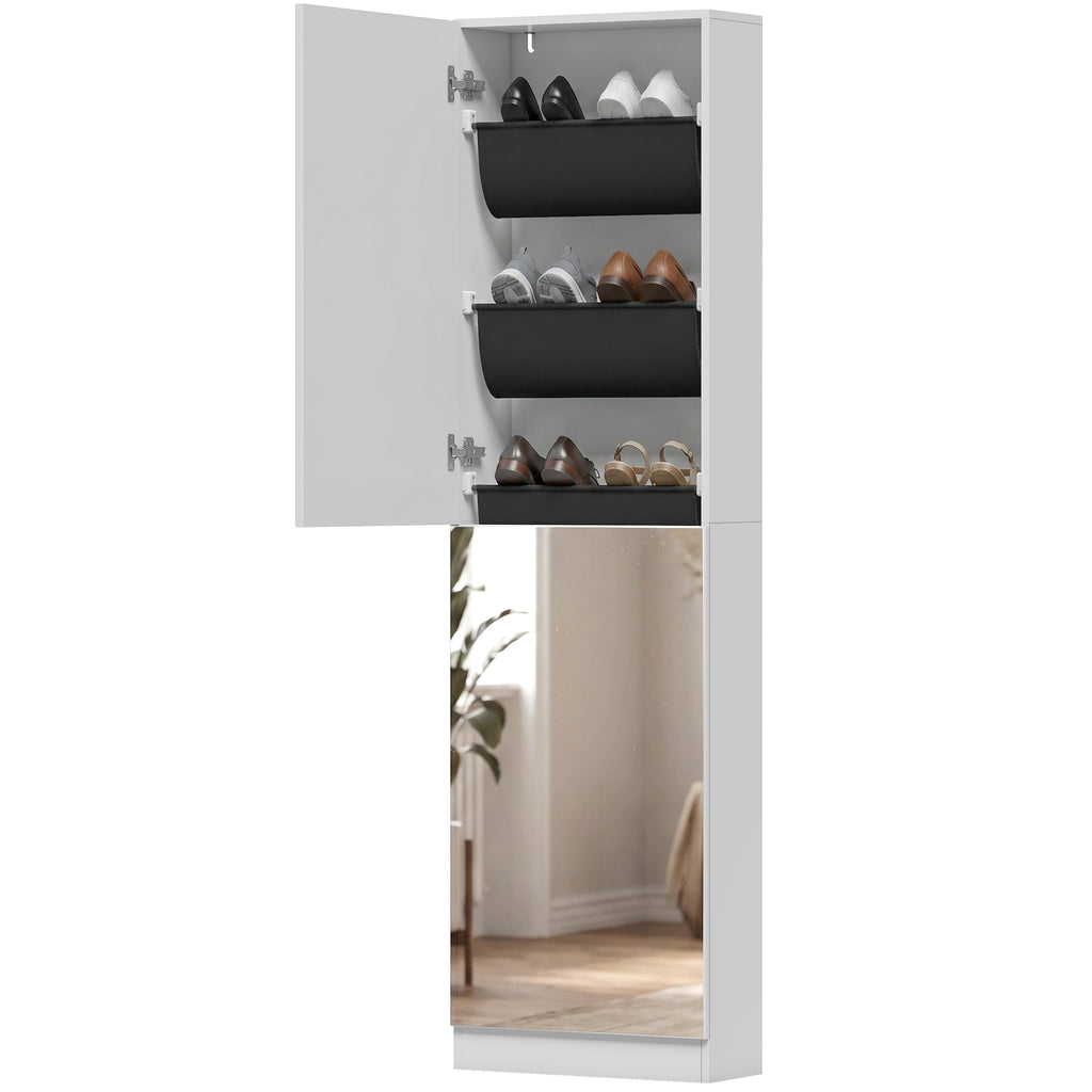 Schuhschrank mit Spiegel, 5-stufiger Schmale Schuhkommode mit Soft-Close-Türen, für 12 Paar, 50 x 20 x 180 cm, Weiß