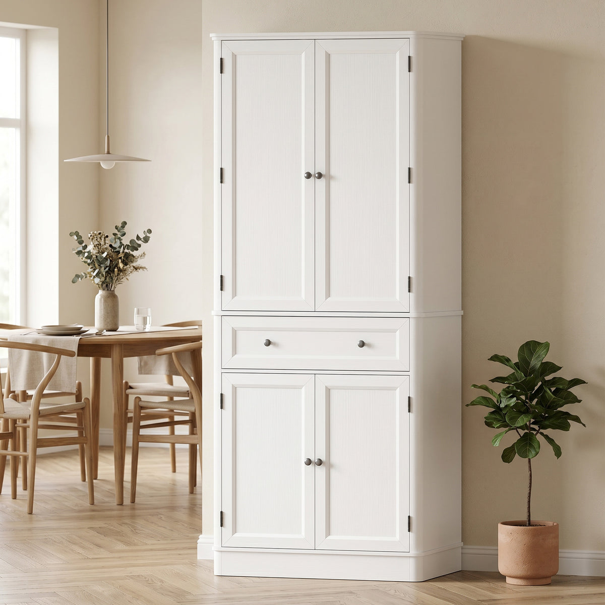 Küchenschrank mit 4 Türen, Schublade und verstellbaren Einlegeböden für Küche, 80 x 39,5 x 186,4 cm Weiß