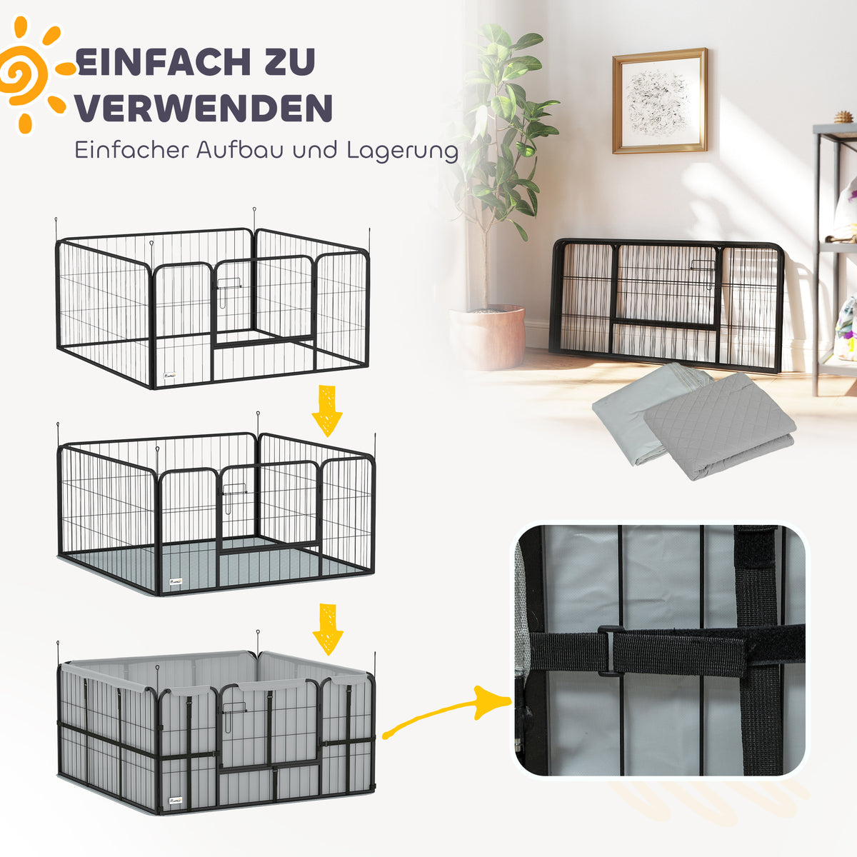 Wurfkiste für Welpen mit Unterlage, winddichtem Oxford-Gewebe, für mittelgroße große Hunde, 122x122x60 cm Schwarz