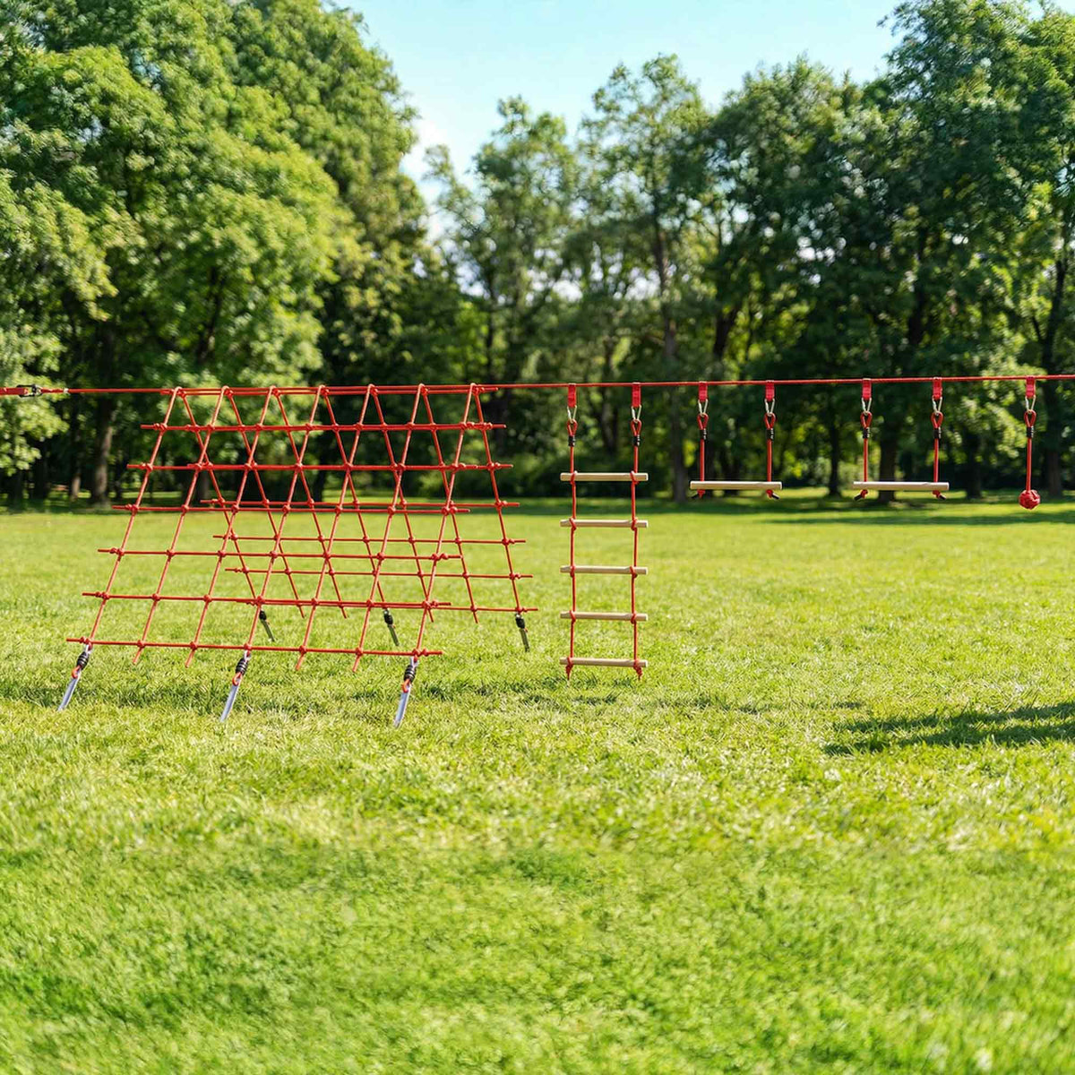 Ninja Line Kinder 10m Slackline Set mit Turnringe Schaukel Kletterleiter Kletternetz für 3-6 Jahre 1000x300x180 cm Rot