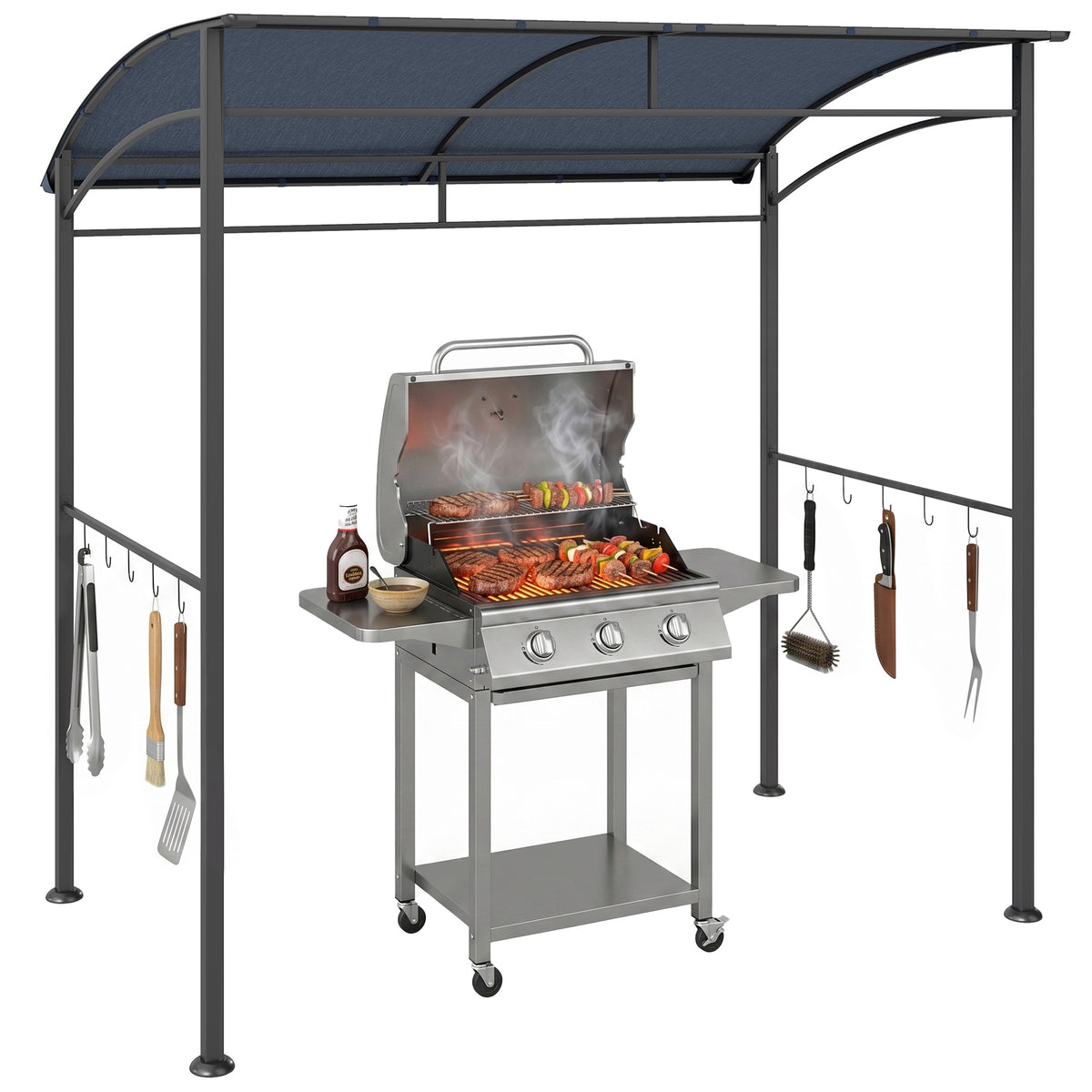 2.2 x 1.5 m BBQ Grill Gazebo Tent, Garden Grill with Metal Frame, Curved Canopy and 10 Hooks, Outdoor Sun Shade, Grey