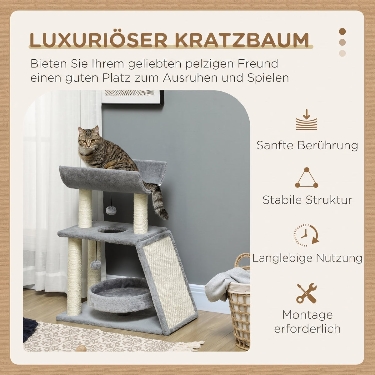 Cat Tree Tower, with Scratching Posts, Pad, Bed, Perch, Toy Ball - Light Grey