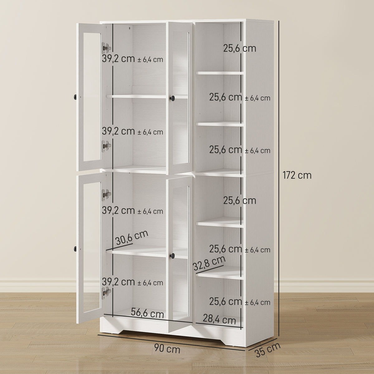 K¨¹chenschrank mit Glast¨¹ren, Regale, offene Ablagen, 172 cm gro?, MDF, Wei?