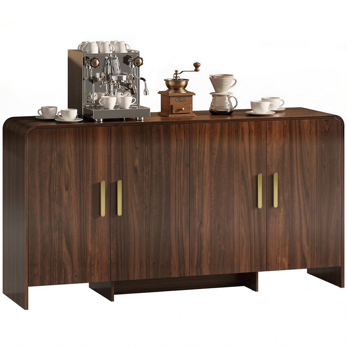 152 cm Sideboard Küchenschrank mit 4 Soft-Close-Türen, TV-Schrank für Wohnzimmer Küche, Walnussbraun
