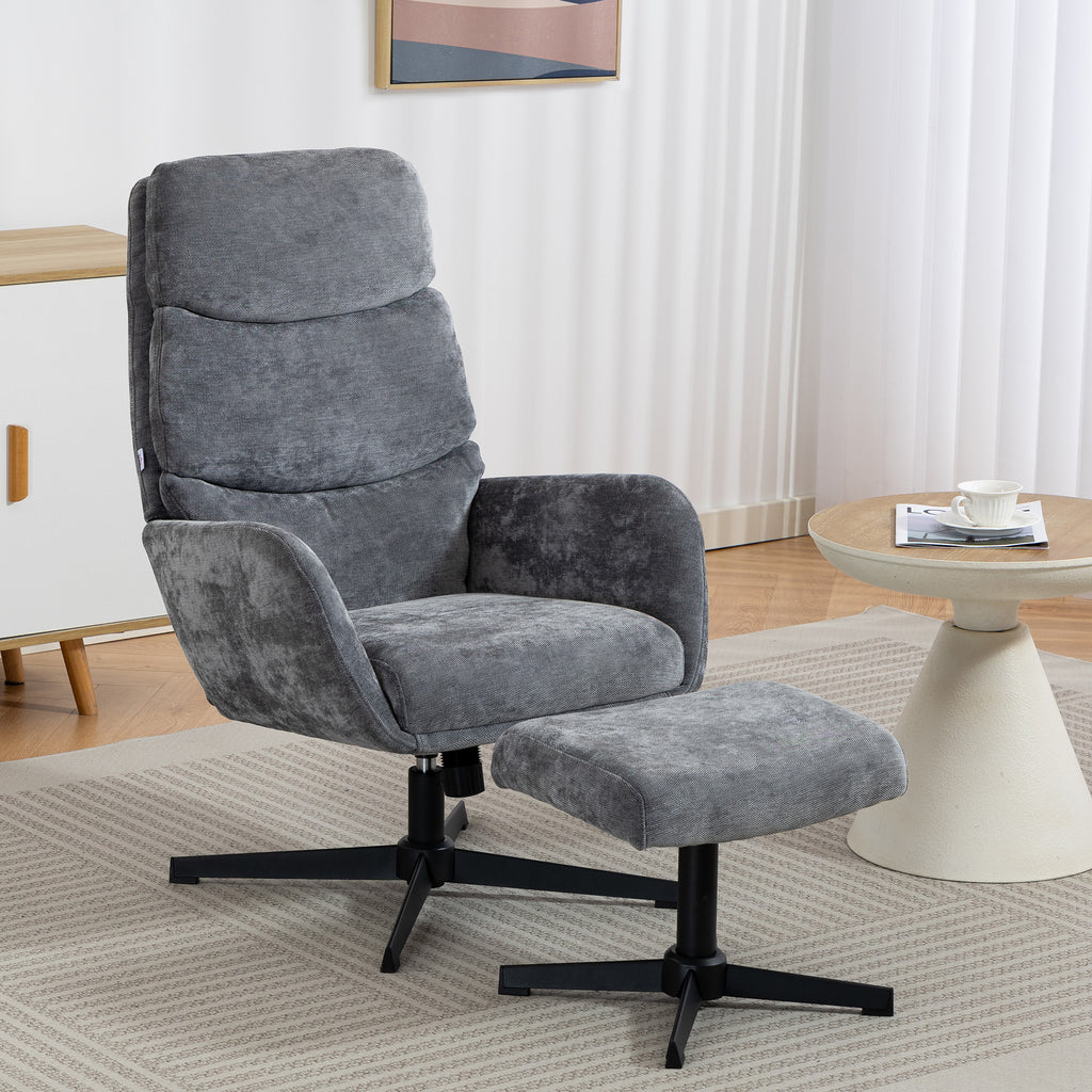 Polstersessel mit Fußhocker, Lounge-Sessel mit hoher Rückenlehne, Metallbasis, für Wohnzimmer, Schlafzimmer, Grau