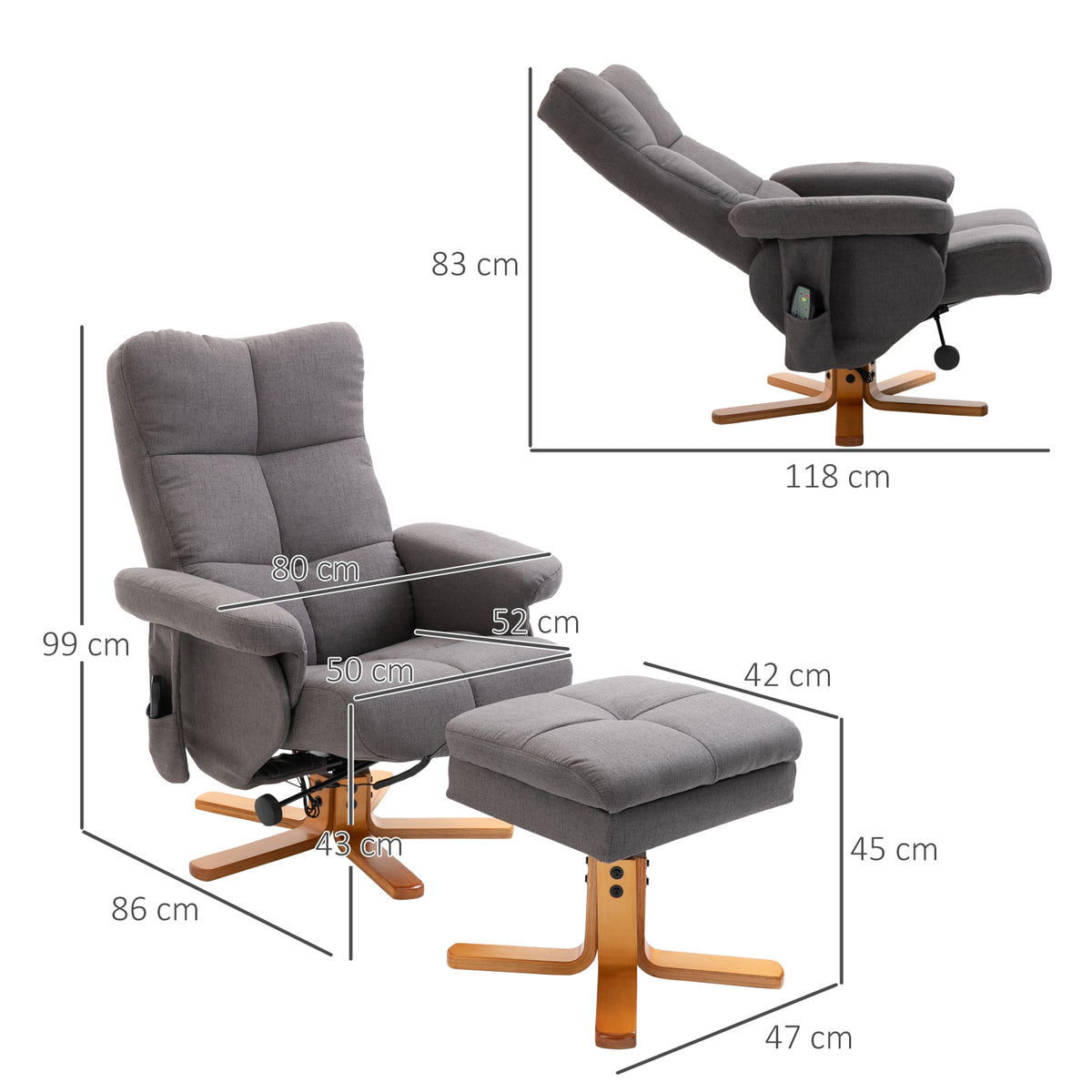 Relaxsessel mit Hocker, 360°drehbarer Fernsehsessel mit Massage, Liegefunktion, Massagesessel mit Seitentasche, TV-Sessel, Polyester für Wohnzimmer Dunkelgrau