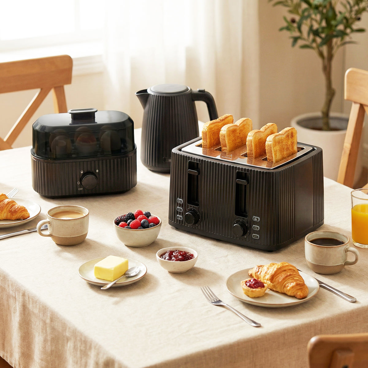 1,7L Schnellkoch-Wasserkocher und 4-Scheiben-Toaster-Set, Eierkocher für 6 Eier mit Kontrollleuchte Schwarz
