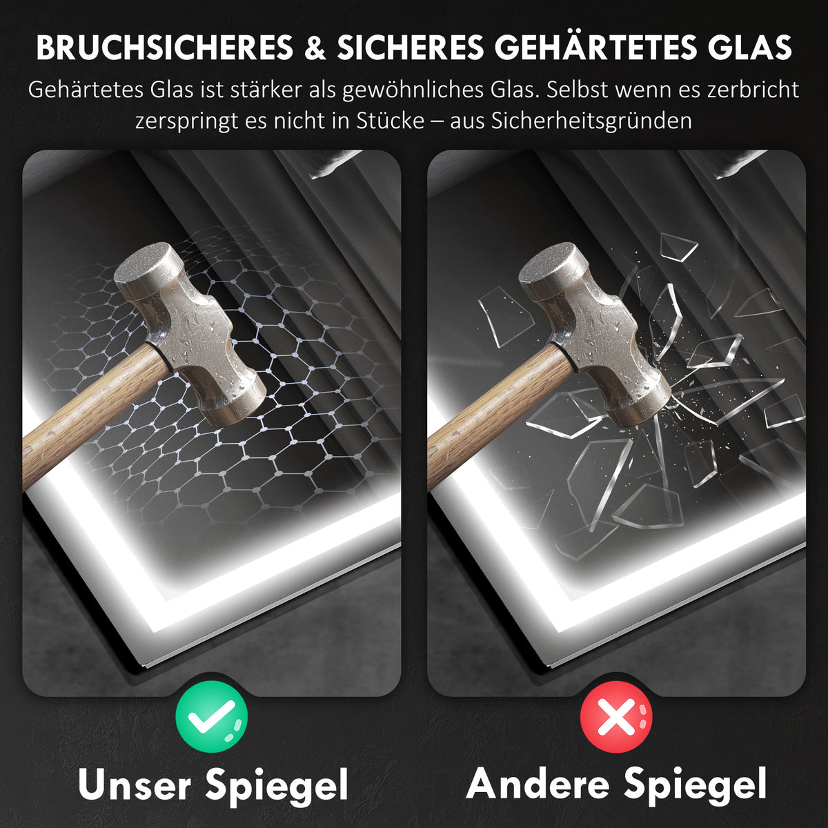 Badspiegel mit Beleuchtung 100x80 cm LED Spiegel Uhr Silber
