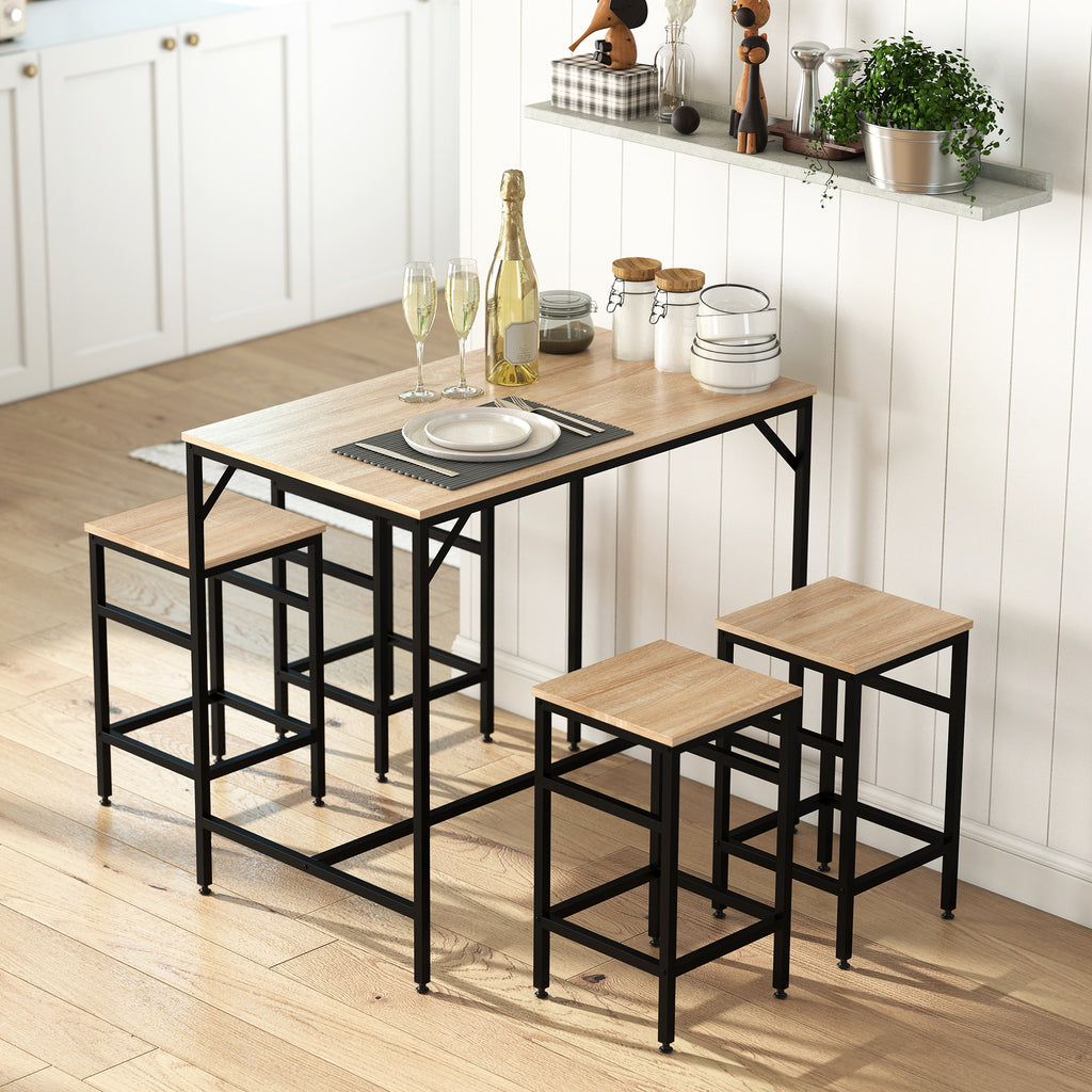 Bartisch-Set Stehtisch mit 4 Barhockern 5-teiliges Tischset Stahl Eiche