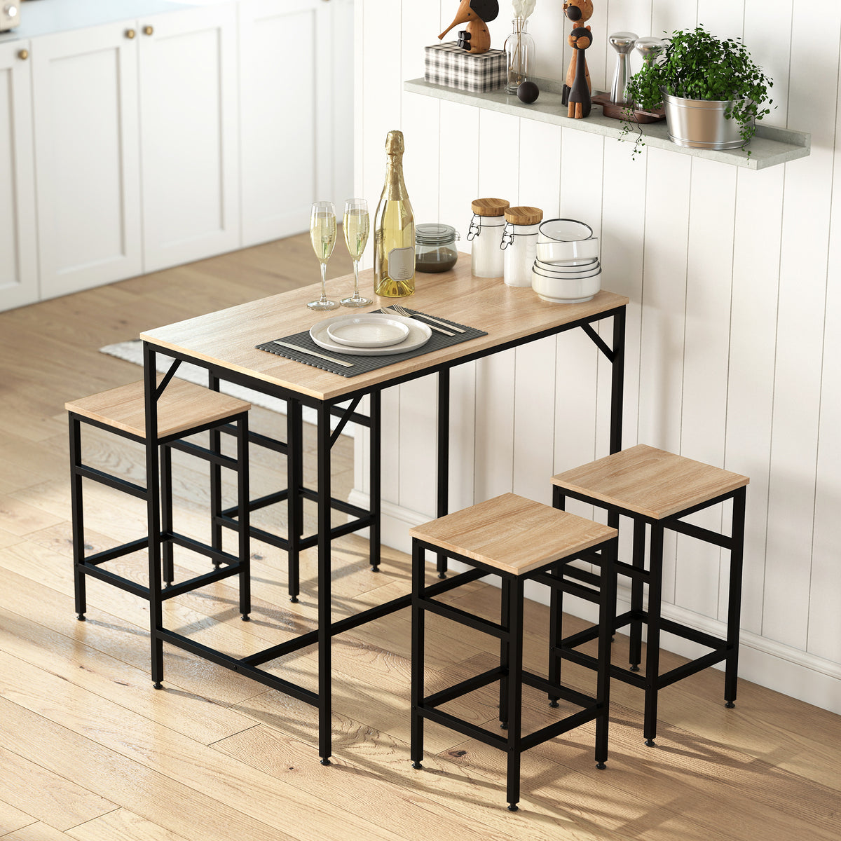 Bartisch-Set Stehtisch mit 4 Barhockern 5-teiliges Tischset Stahl Eiche