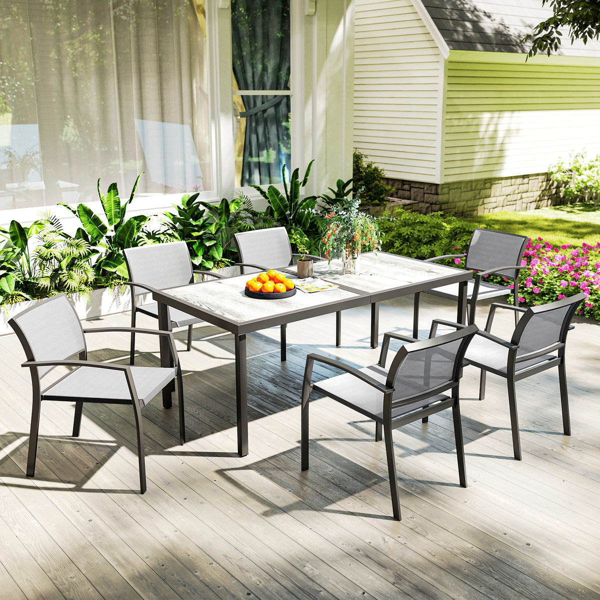7-teiliges Ess-Set, 6 Stühle, 1 Tisch, stapelbar, leicht zu reinigen, Stahlrahmen, Gartenmöbel-Set, Grau