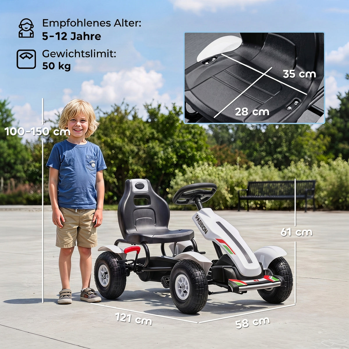 Gokart Tretauto mit Handbremse, verstellbarem Sitz, Vor- und Rückwärtsgang, bis 50kg für Kinder 5-12 Jahren Weiß