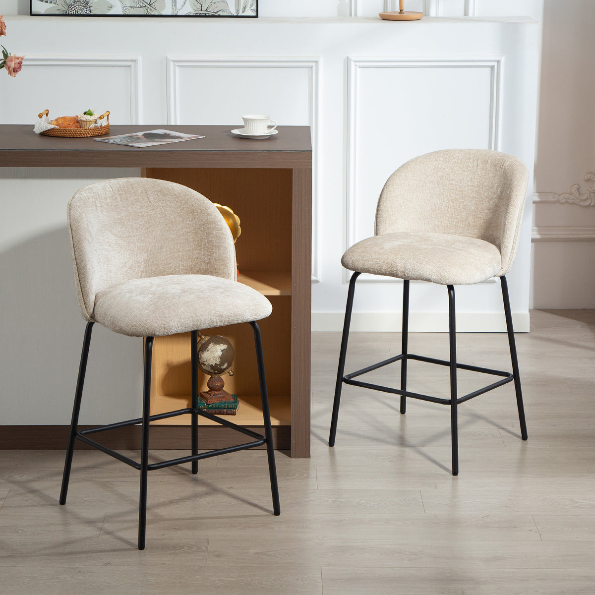 2er-Set Barhocker mit Rückenlehne und Fußstütze, Polsterstühle mit Stahlbeinen für Kücheninsel, Esszimmer, Beige