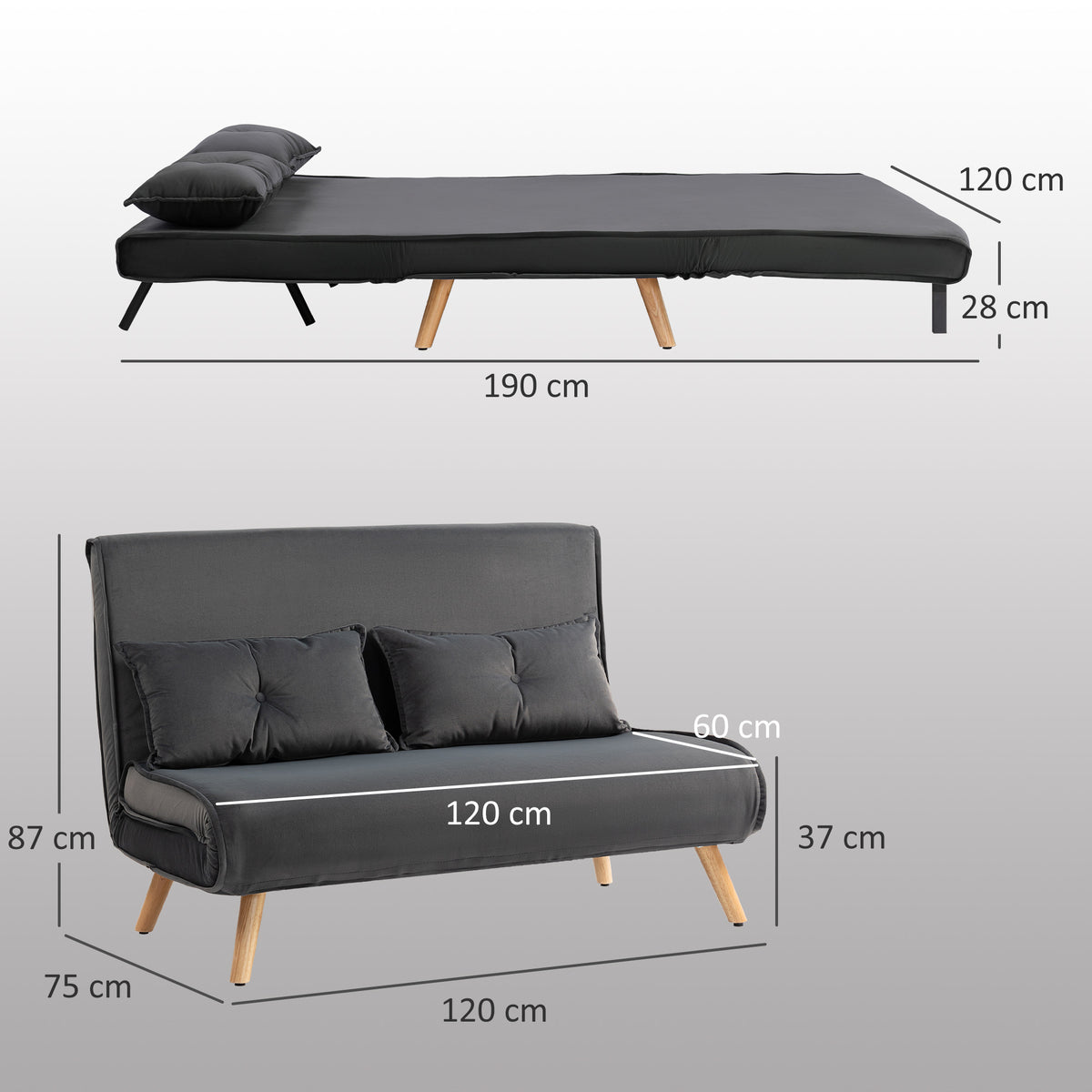 2-Sitzer-Schlafsofa, Bettsofa, in Bett umwandelbare Couch, verstellbare R¨¹ckenlehne, Stoffbezug, Metallrahmen, Grau