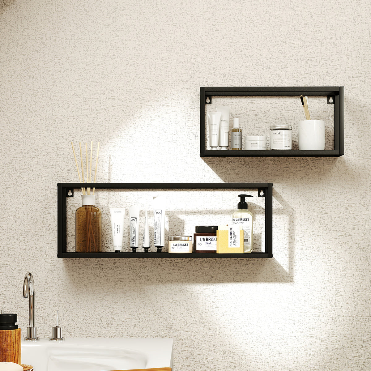 2er-Set Wandregale, 15 kg Tragkraft, für Wandmontage, Stahl, Schwarz