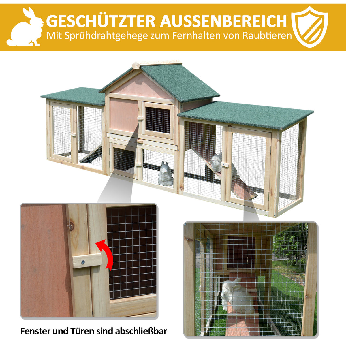 Kleintierstall mit 2 Freiluftgehegen Tannenholz Grau + Schwarz