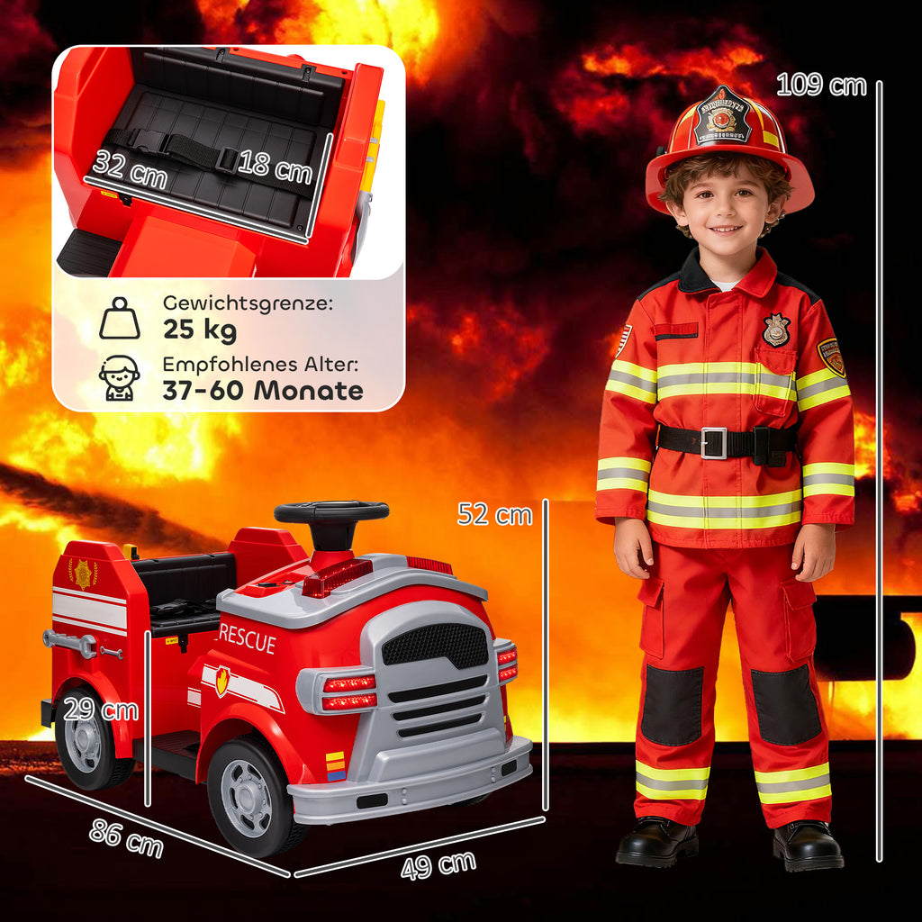 Feuerwehrauto, Elektro-Kinderauto, max. 3 km/h, Sirene, Blaulicht, Werkzeuge, für Kinder 3-5 Jahre