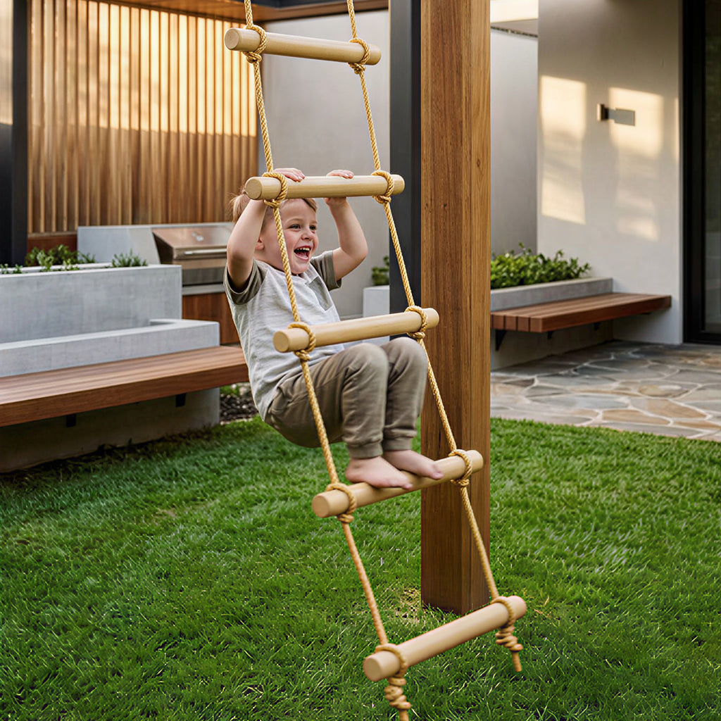 Strickleiter für Kinder 5-stufige Kletterleiter mit 2 Karabinern 2 Baumgurten für 3-8 Jahre 40 x 3,5 x 180 cm Naturholz