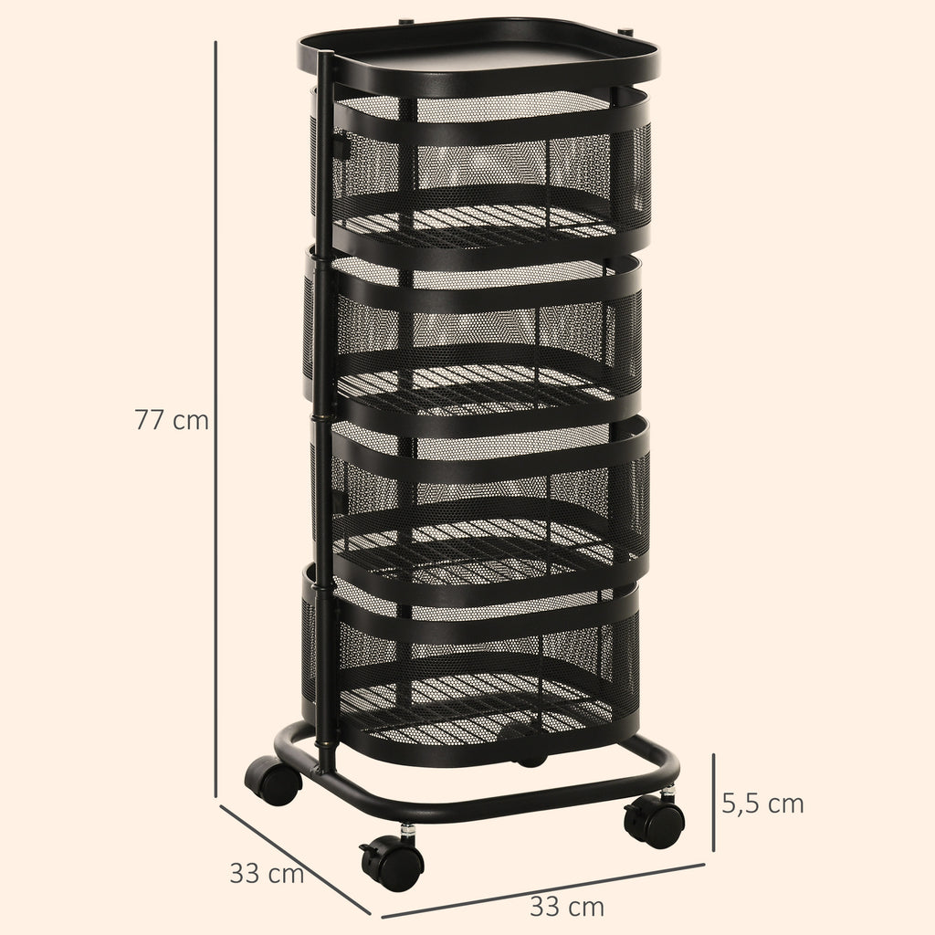 Metal Storage Cart, 4-Tier Storage Trolley on Wheels with 4 Mesh Baskets and Top Tray, Black