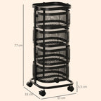 Metal Storage Cart, 4-Tier Storage Trolley on Wheels with 4 Mesh Baskets and Top Tray, Black