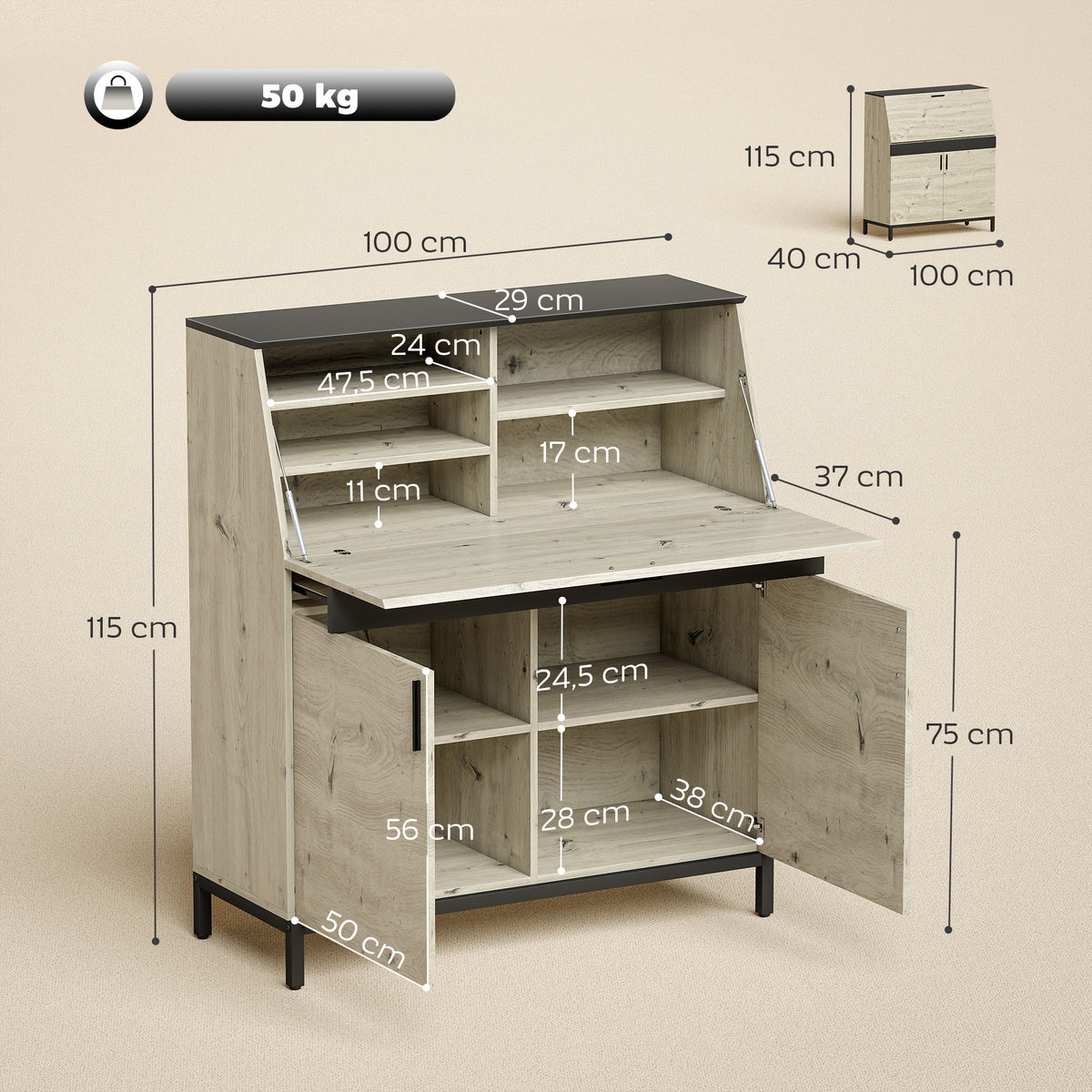 Industrieller Sekretär-Schreibtisch mit Regalen und Metallrahmen 100 cm Naturholz und Schwarz