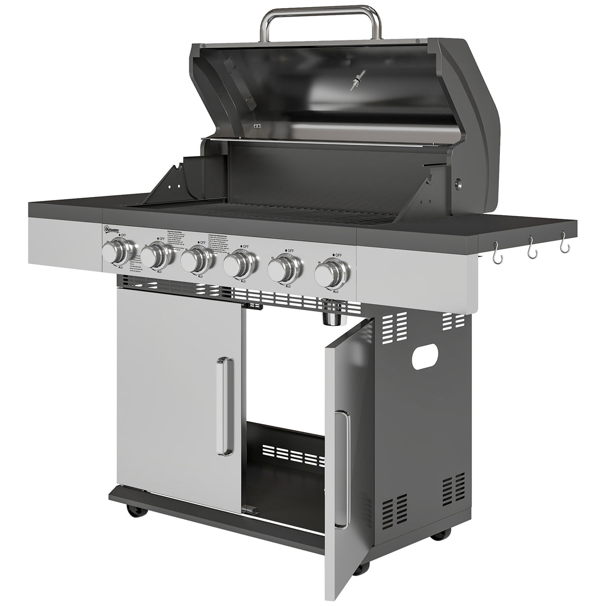 Gasgrill 2,49 kW Grillwagen inkl 6 Edelstahl-Brenner Thermometer Druckminderer 143 x 55 x 110 cm Silber