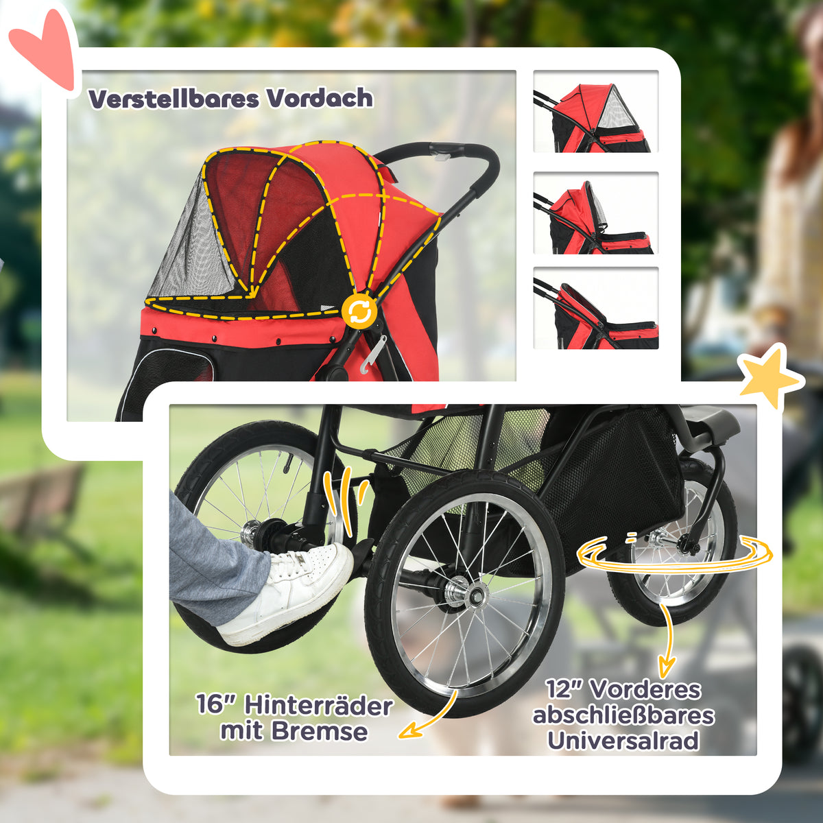 Foldable Pet Stroller with Three Wheels, for Small, Medium Dogs, Red