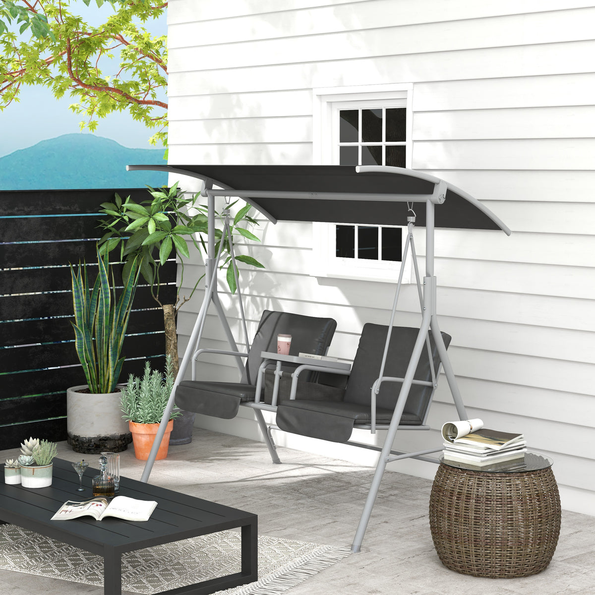 Hollywoodschaukel, 2-Sitzer, mit Dach und Tisch, Metallrahmen, bis 180 kg, 175x110x165 cm, Schwarz