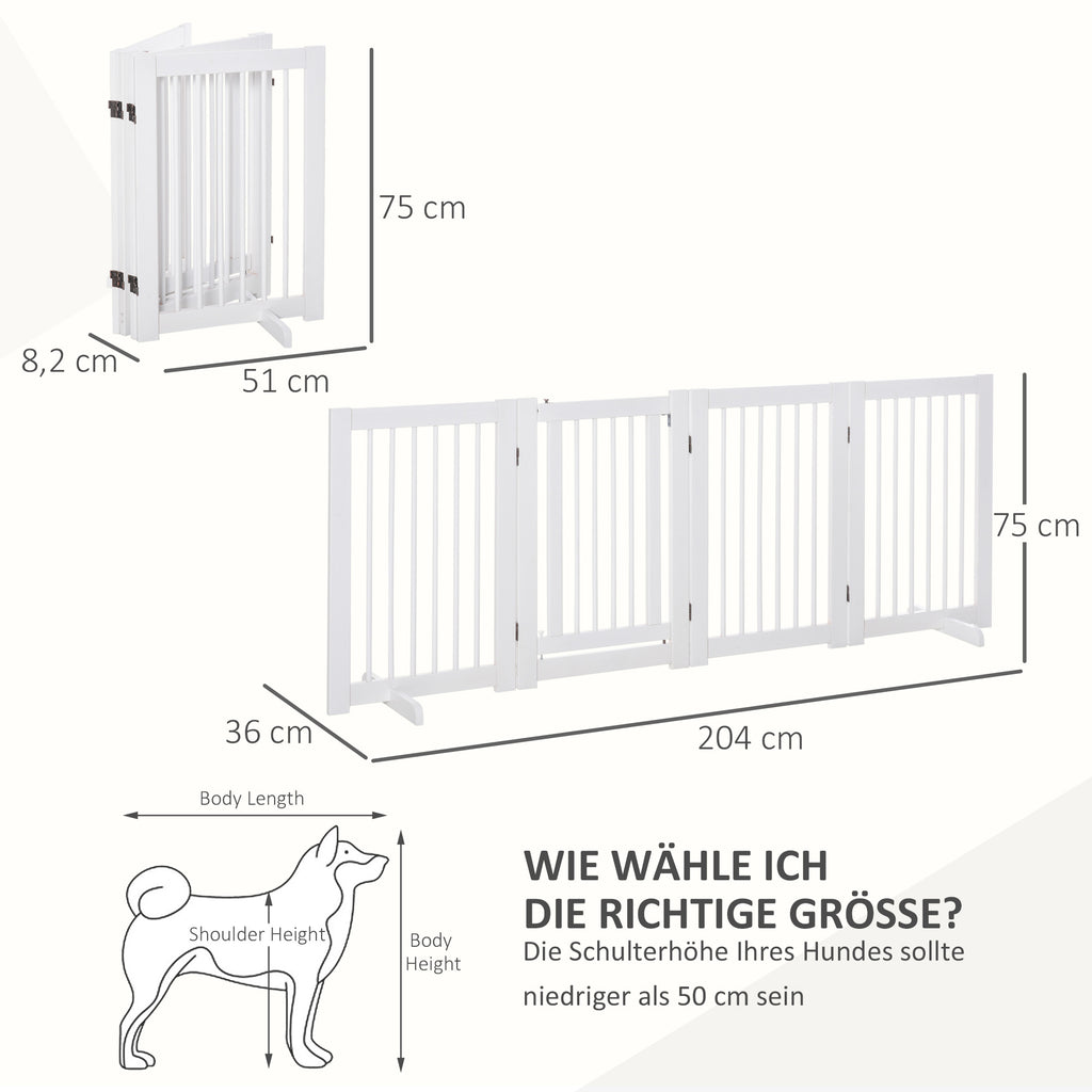 Absperrgitter Hund Freistehendes Schutzgitter mit Füßen 204 x 75 cm Holz Hundegitter Treppenschutzgitter Türschutzgitter Treppengitter für Treppen, Türen, Küche, Flur, 4 Paneelen, Weiß