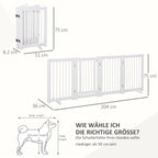 Absperrgitter Hund Freistehendes Schutzgitter mit Füßen 204 x 75 cm Holz Hundegitter Treppenschutzgitter Türschutzgitter Treppengitter für Treppen, Türen, Küche, Flur, 4 Paneelen, Weiß