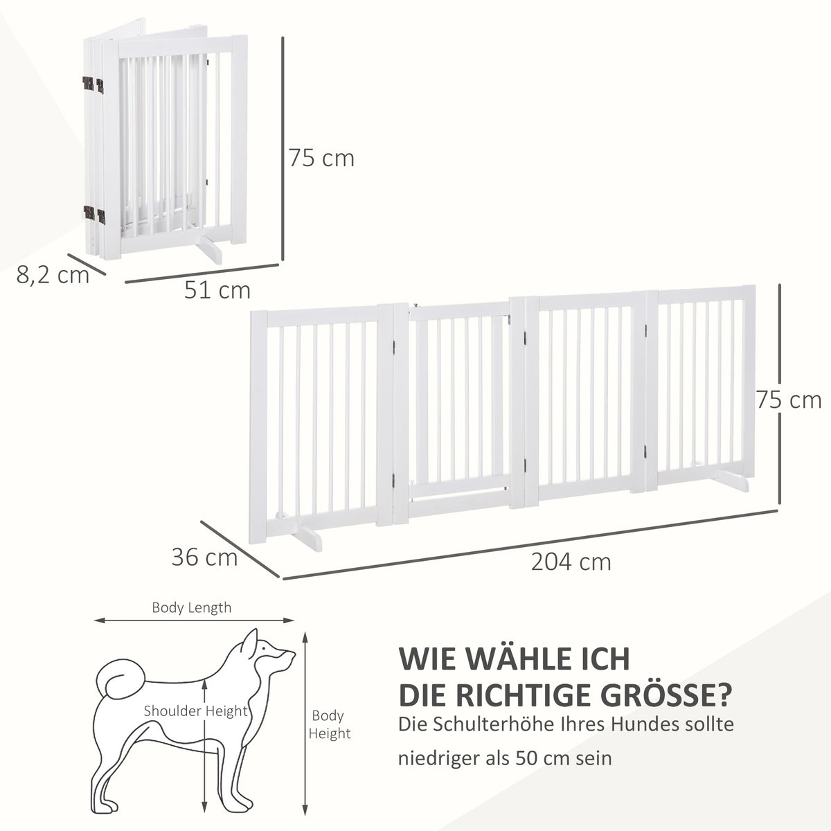 Absperrgitter Hund Freistehendes Schutzgitter mit Füßen 204 x 75 cm Holz Hundegitter Treppenschutzgitter Türschutzgitter Treppengitter für Treppen, Türen, Küche, Flur, 4 Paneelen, Weiß