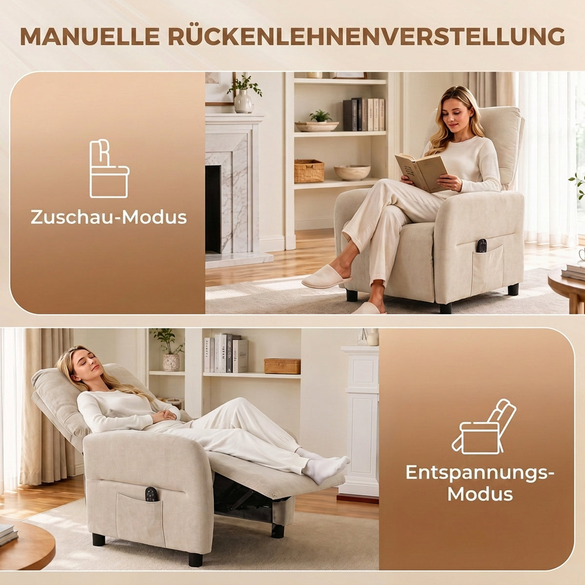 Relaxsessel mit Wärme Vibrationsmassage und Liegefunktion Beige