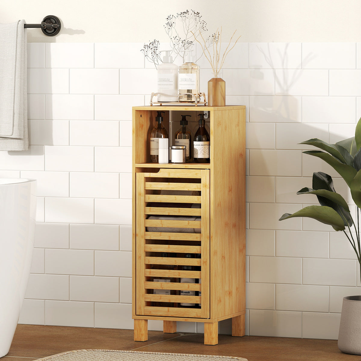 Badezimmerschrank, offenes Regal, Schrank, Bambusholz, Lamellent¨¹r, Hellbraun