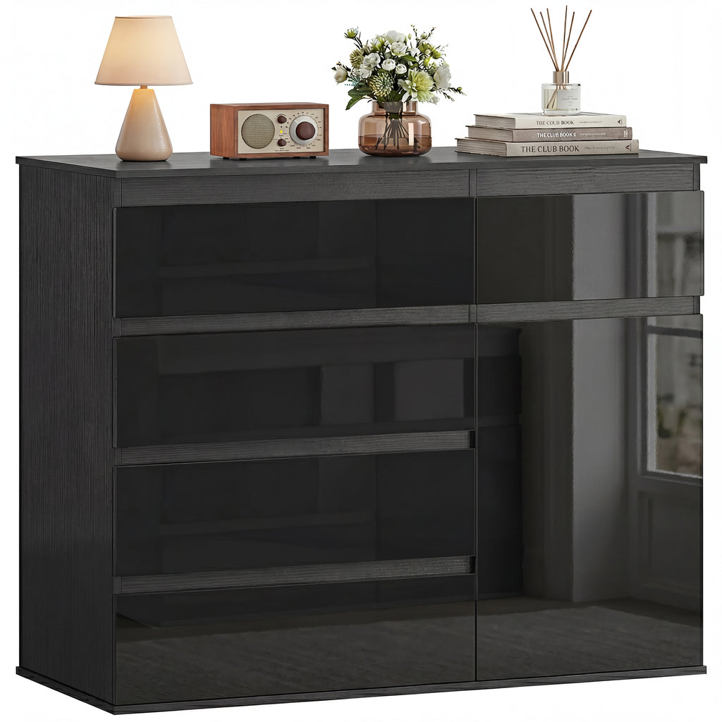 Modernes Sideboard, Stauraum-Sideboard mit 5 Schubladen, verstellbarem Regal, Soft-Close-Tür, Schwarz Hochglanz