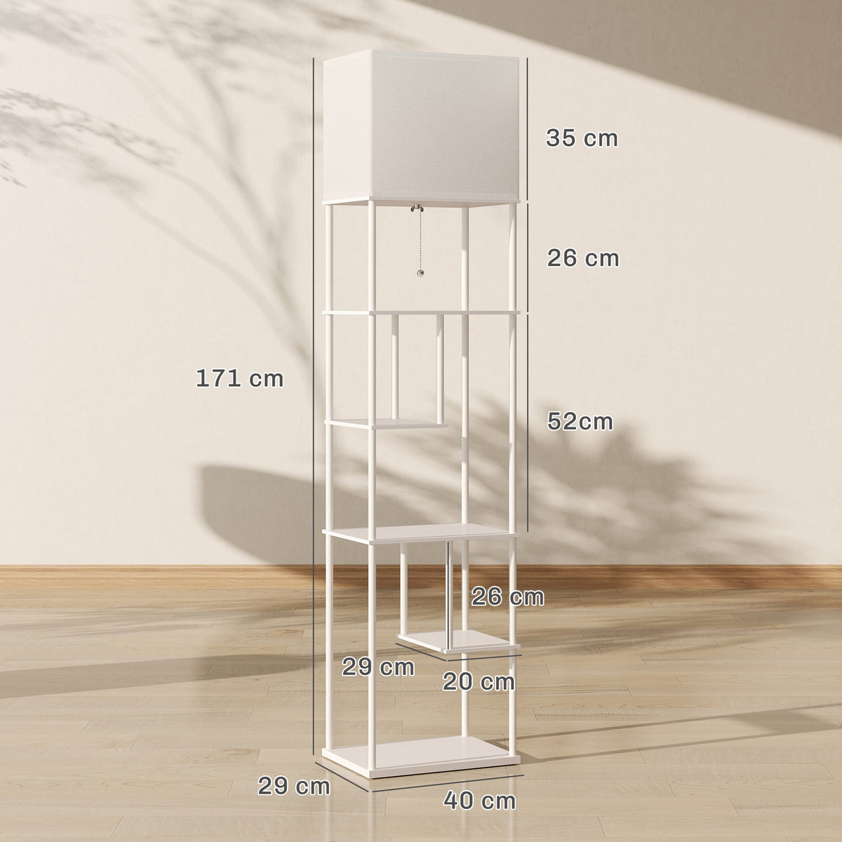 Stehlampe Stehleuchte mit Regalen, einstellbare Helligkeit & Farbtemperatur für Schlafzimmer, Büro, Wohnzimmer, Weiß