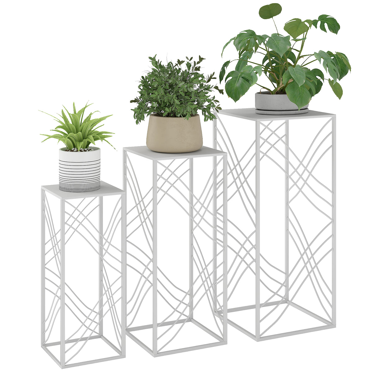 3er-Set Pflanzenständer, 50/60/70 cm hoch Blumenständer, stapelbar Pflanzenregal aus Metall Weiß