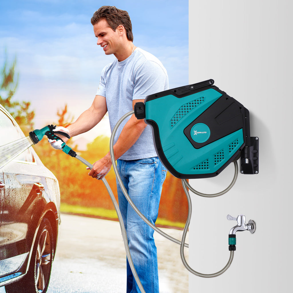 15m Garden Hose Reel Wall Mounted Auto Rewind with 7 Patterns Spray Nozzle, Includes Wall Fixings